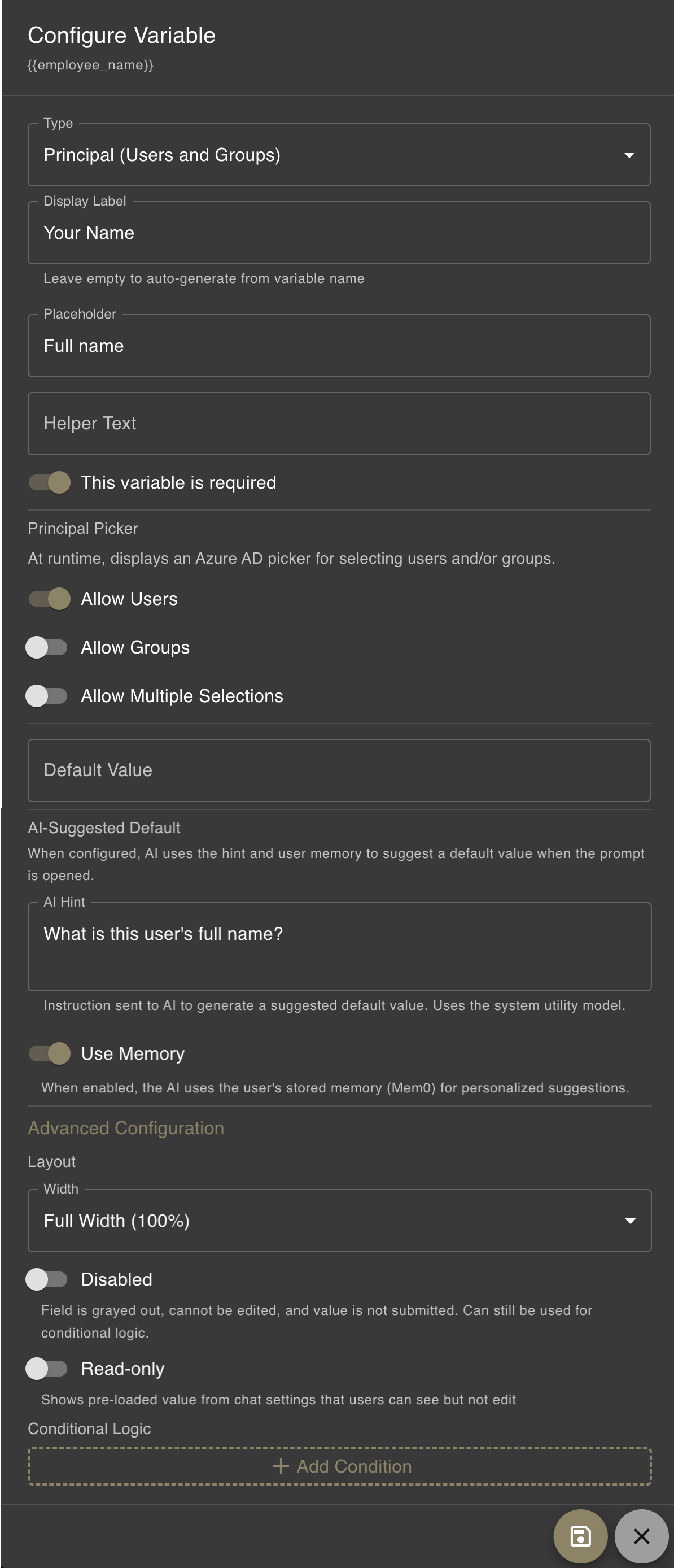 Configure Variable dialog with validation rules, AI hints, and conditional formatting options