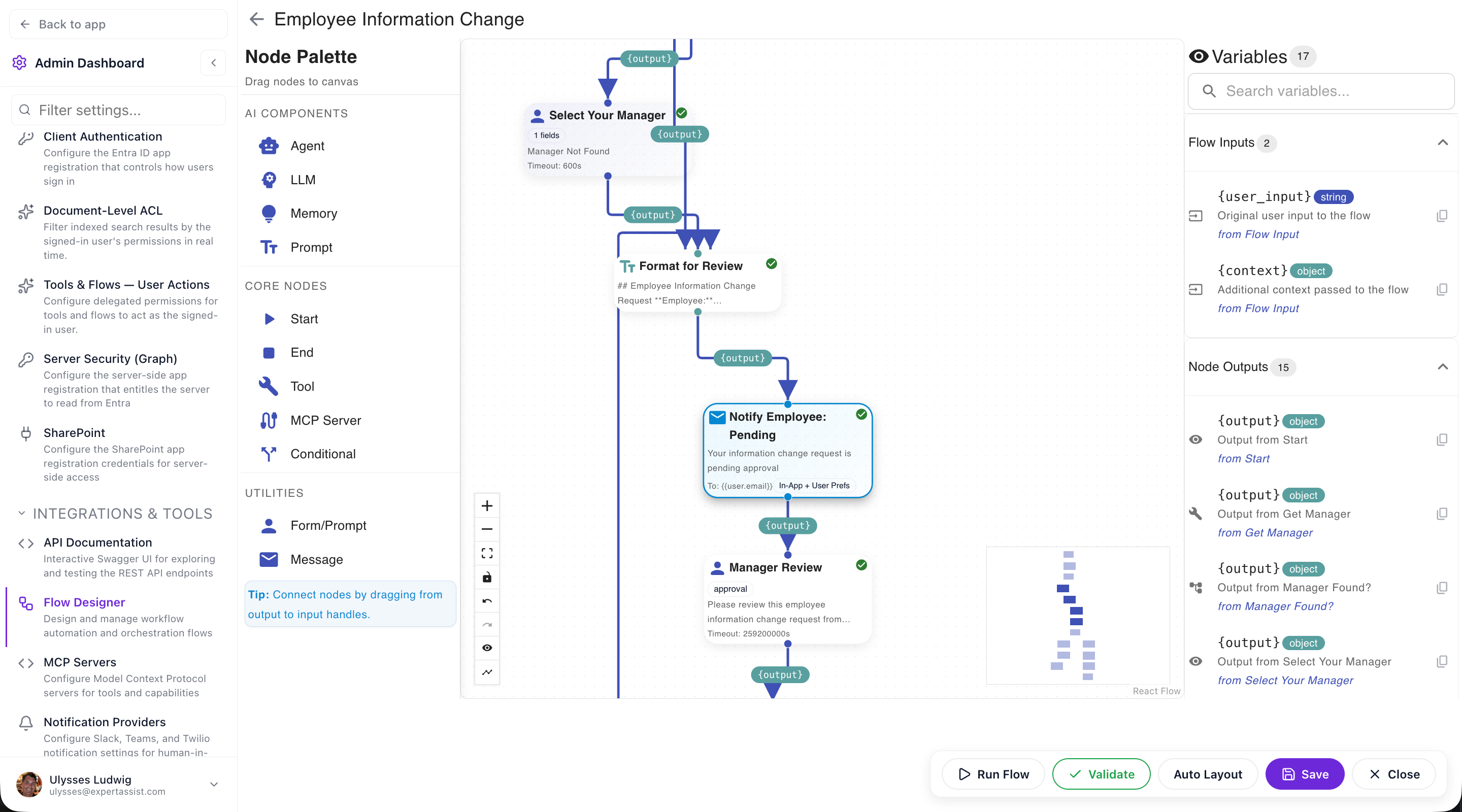 Findable Flow Designer canvas showing a multi-step workflow with a manager-approval step