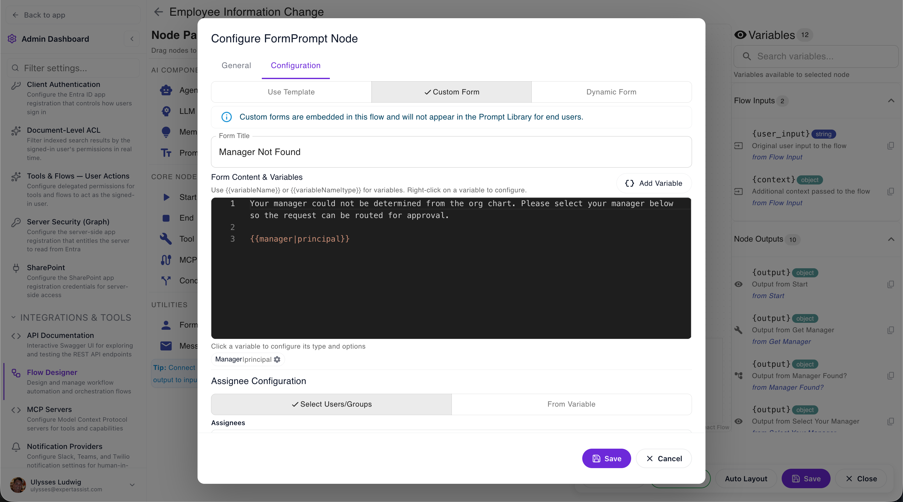 A flow's form node pausing for manager approval, with a dynamically generated form