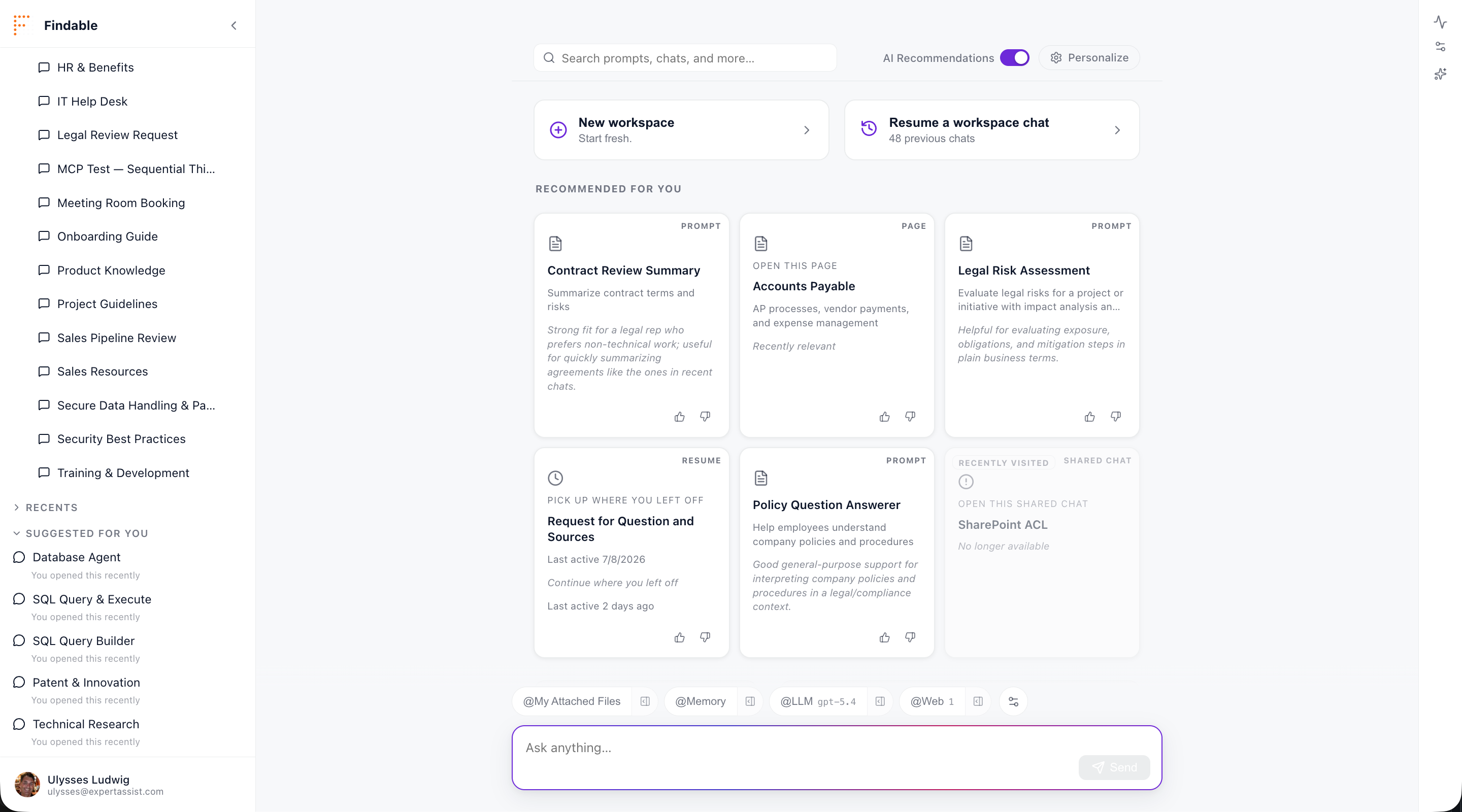 Findable home screen with a personalized “Recommended for you” set of prompts, pages, and chats