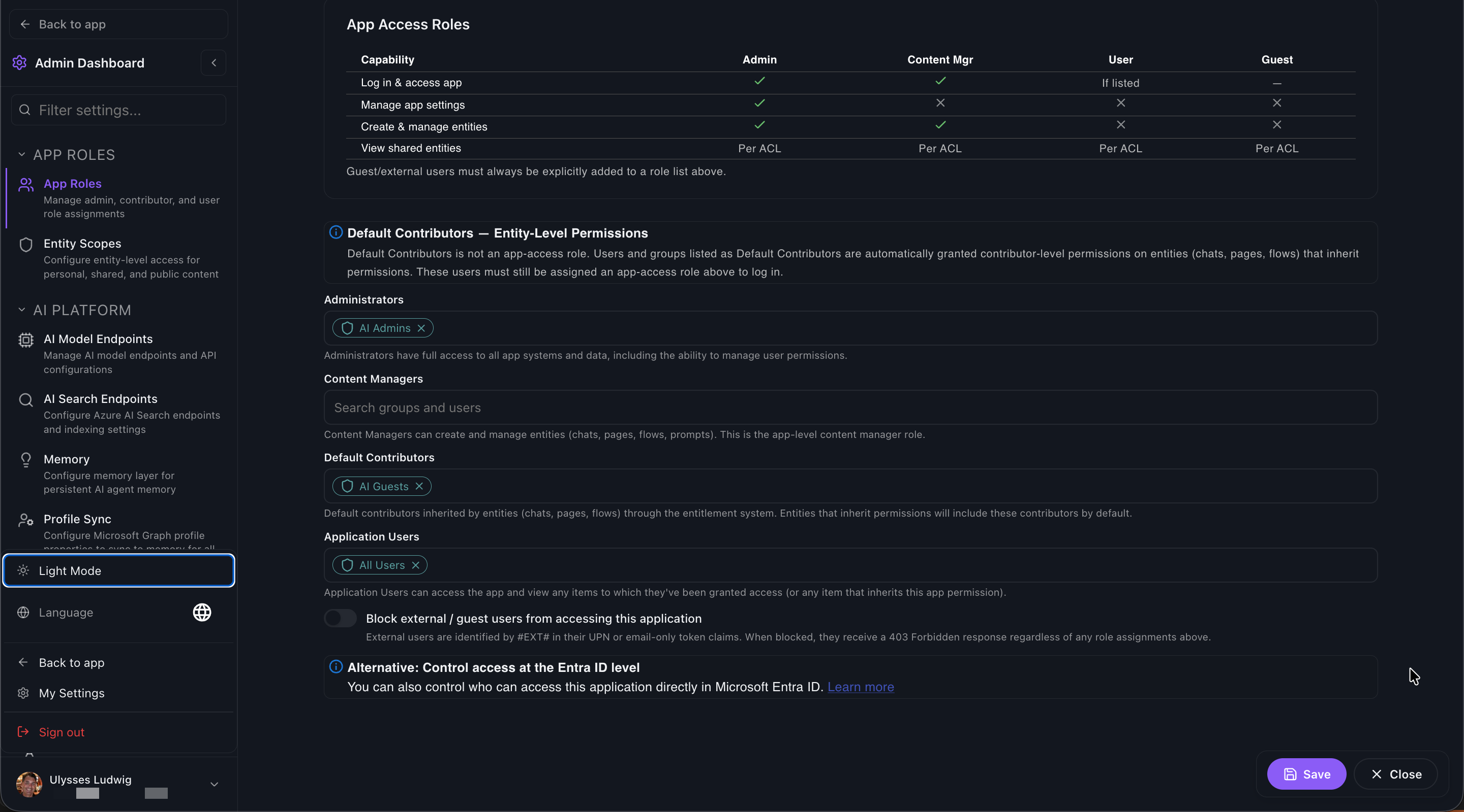 Findable per-chat Sharing & Access panel with owner, contributor, and user tiers and inheritance toggles