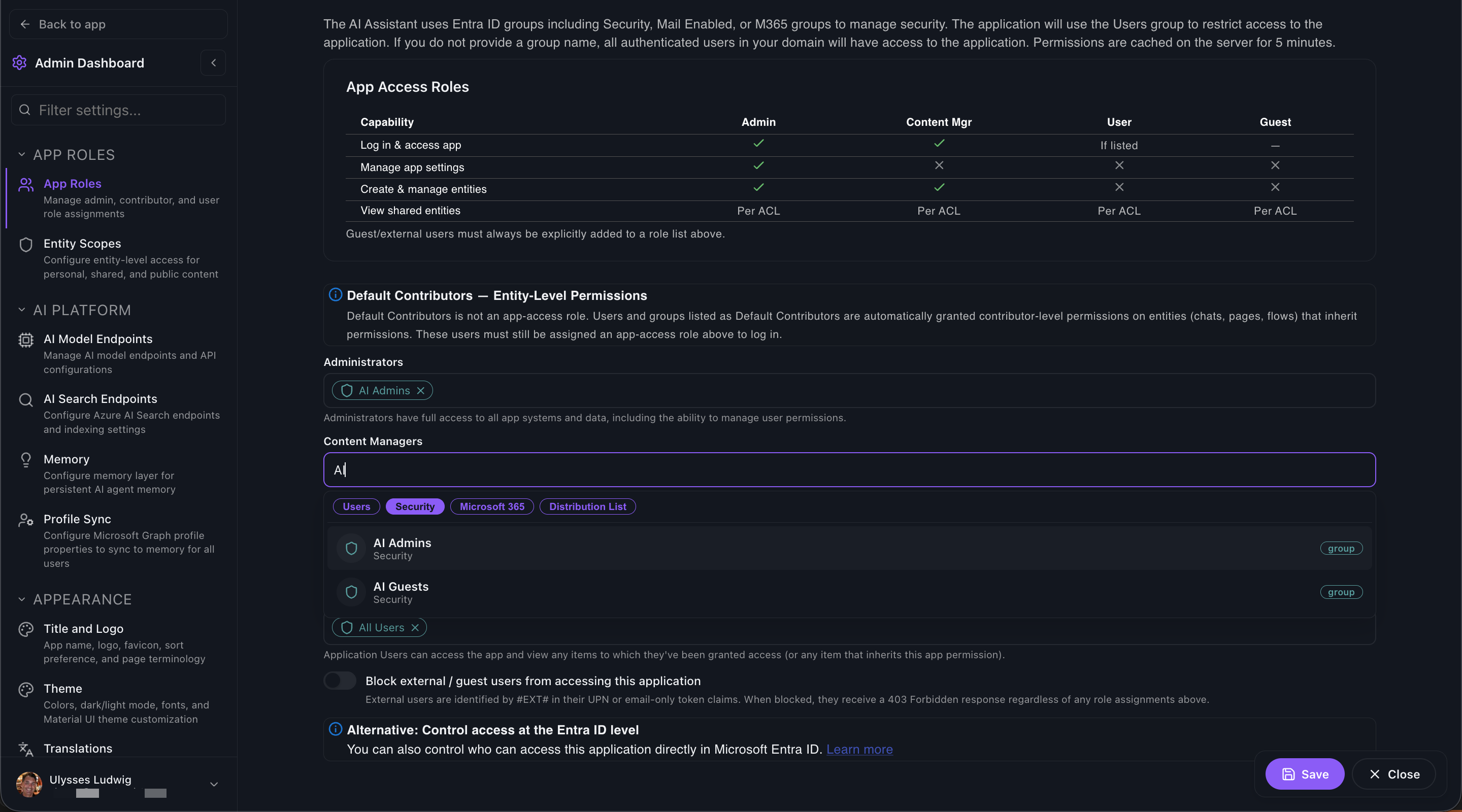 Findable app access roles matrix — Admin, Content Manager, User, and Guest capabilities