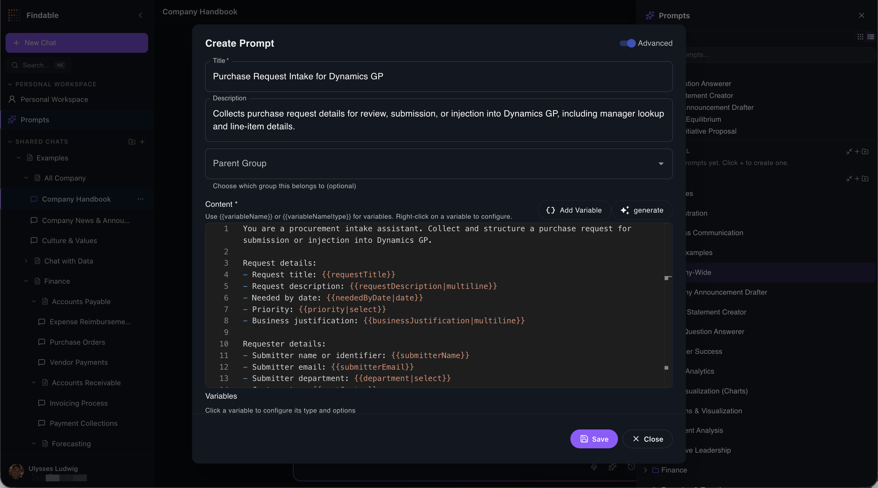 Findable prompt builder with typed variables in the template