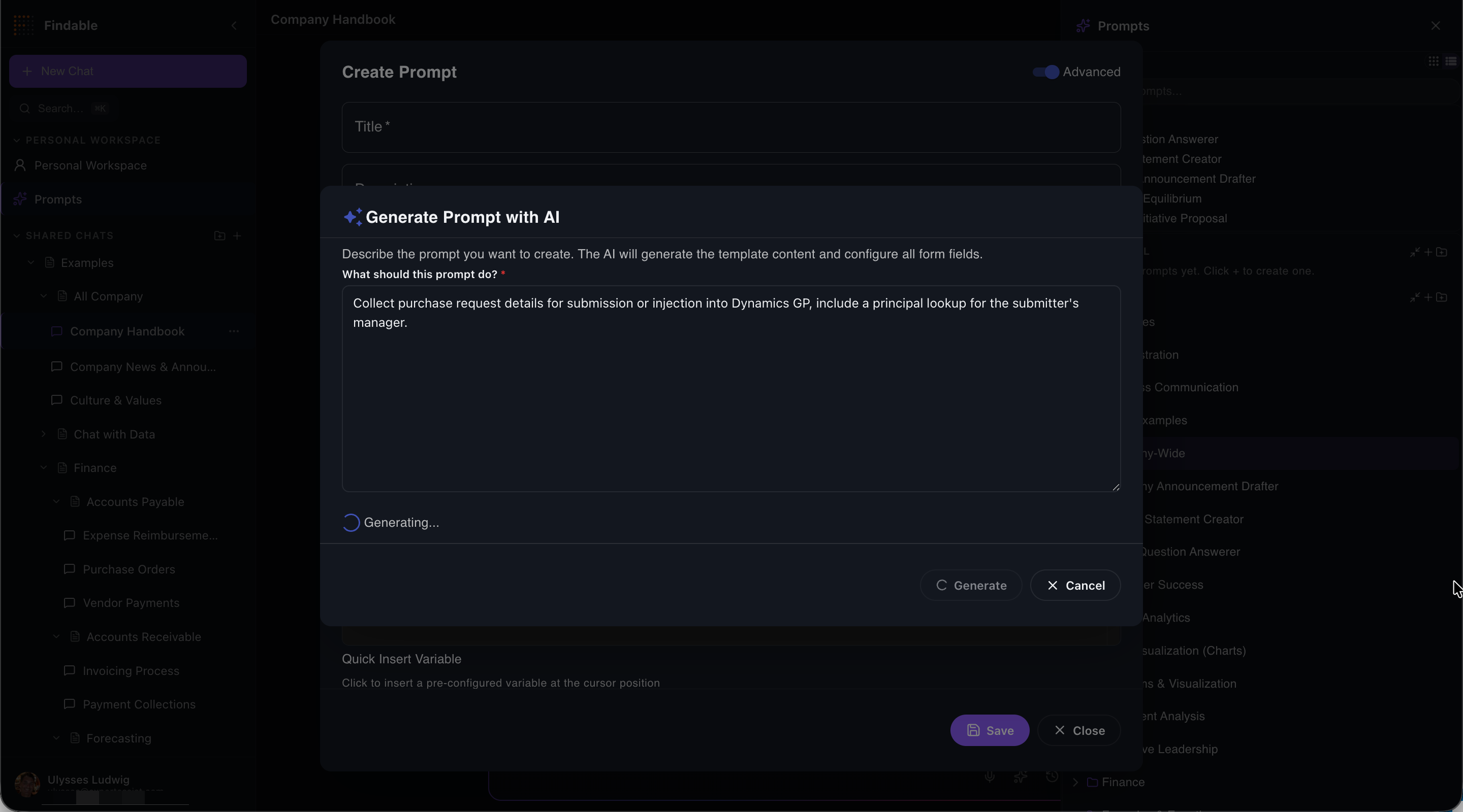 Findable AI Prompt Generator building a prompt from a plain-language description