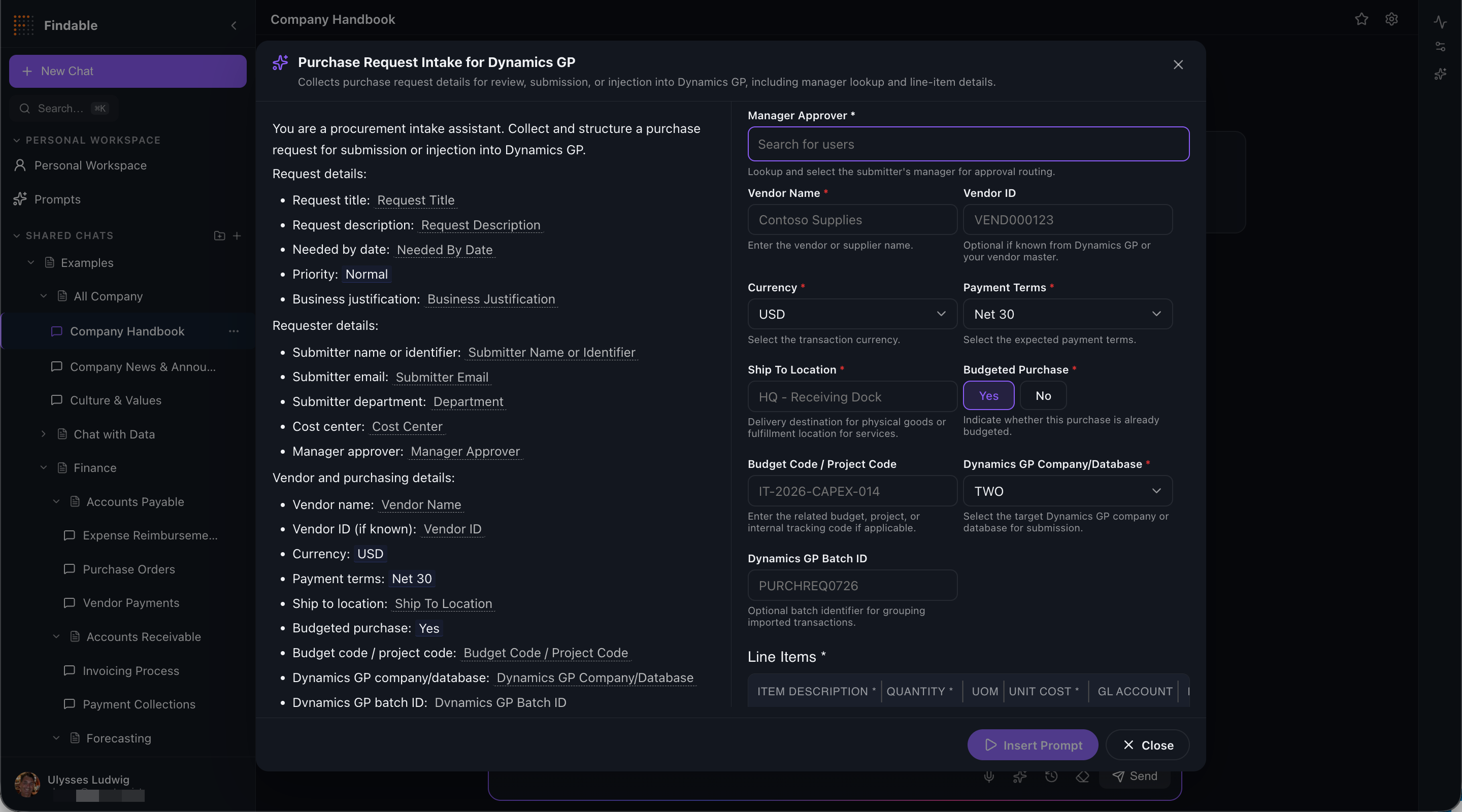 A Findable prompt rendered as a structured form — a purchase-request intake with typed, validated fields