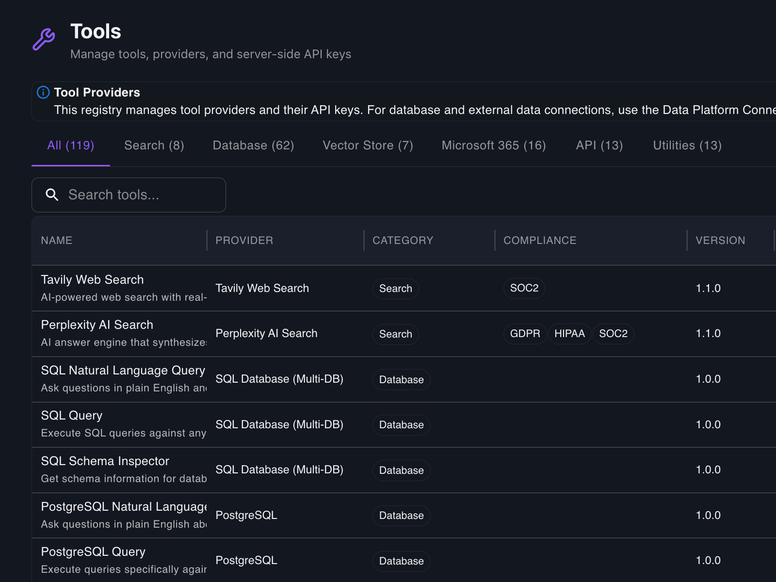 Findable built-in tools catalog — code execution, web search, database queries, OCR, and more