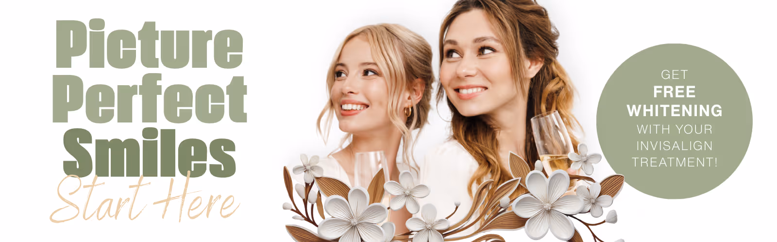 Two smiling women holding glasses, with text promoting free whitening with Invisalign treatment.