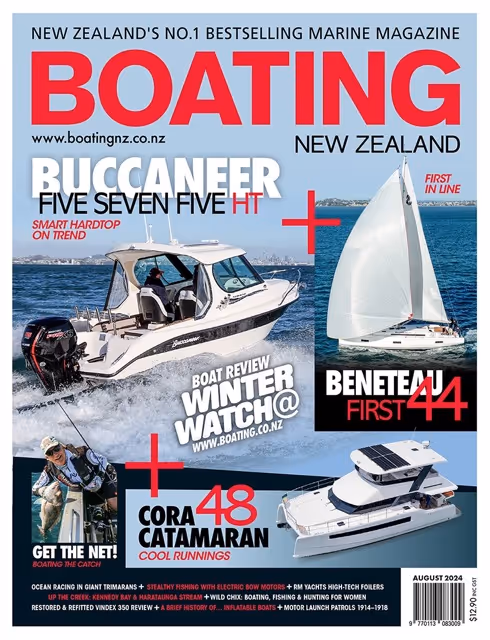 Cover of Boating New Zealand magazine featuring Buccaneer 575 HT boat, Beneteau First 44 sailboat, and Cora 48 catamaran with a man holding a large fish.
