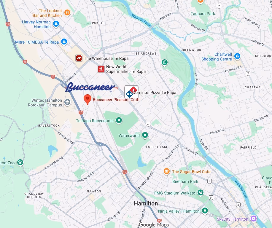 Map of Hamilton showing Buccaneer Pleasure Craft location near Te Rapa with nearby landmarks including The Warehouse, New World Supermarket, Domino's Pizza, Te Rapa Racecourse, and Waterworld.