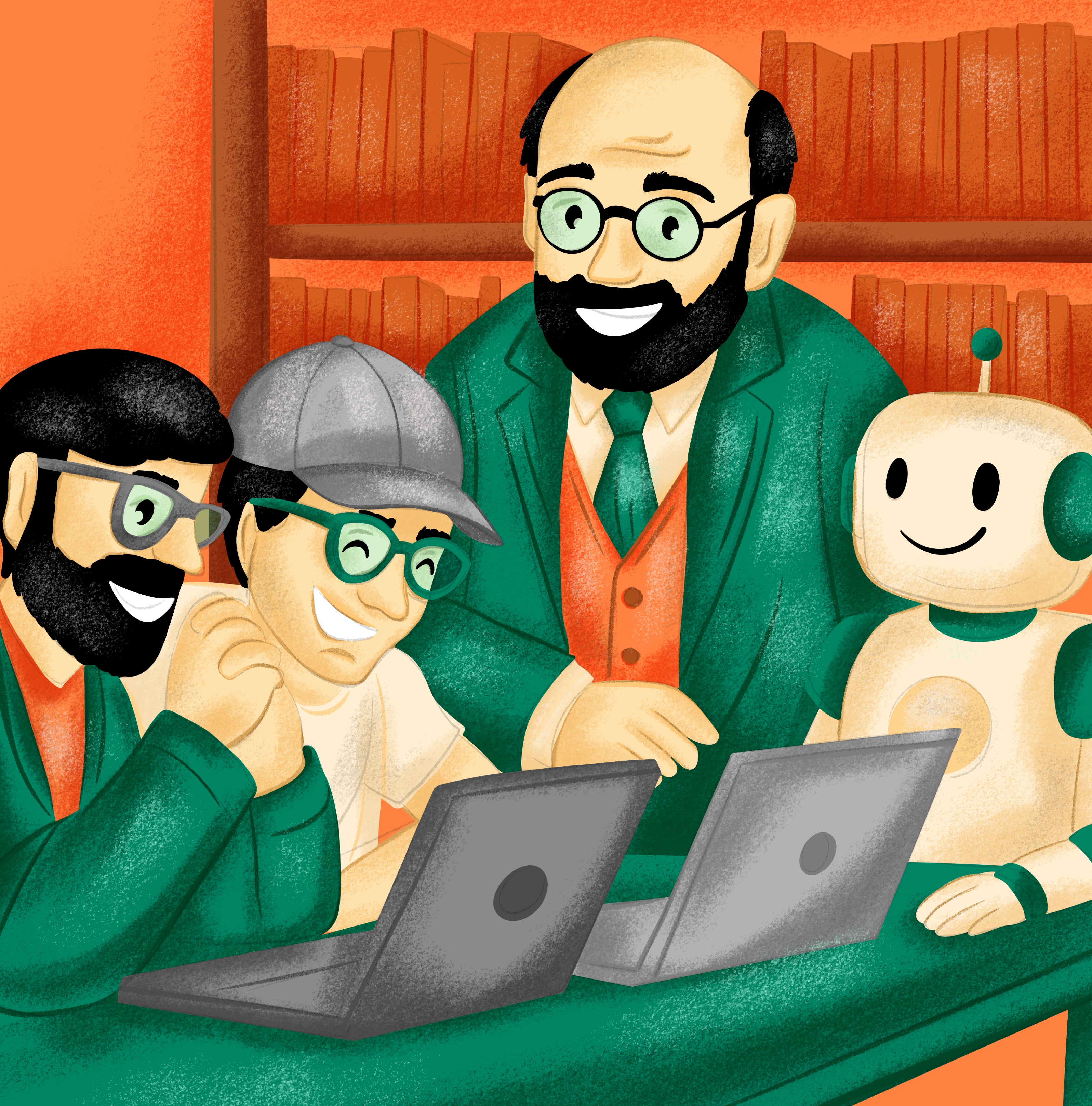 a professor working with two students on their laptops and a cute robot next to him smiling