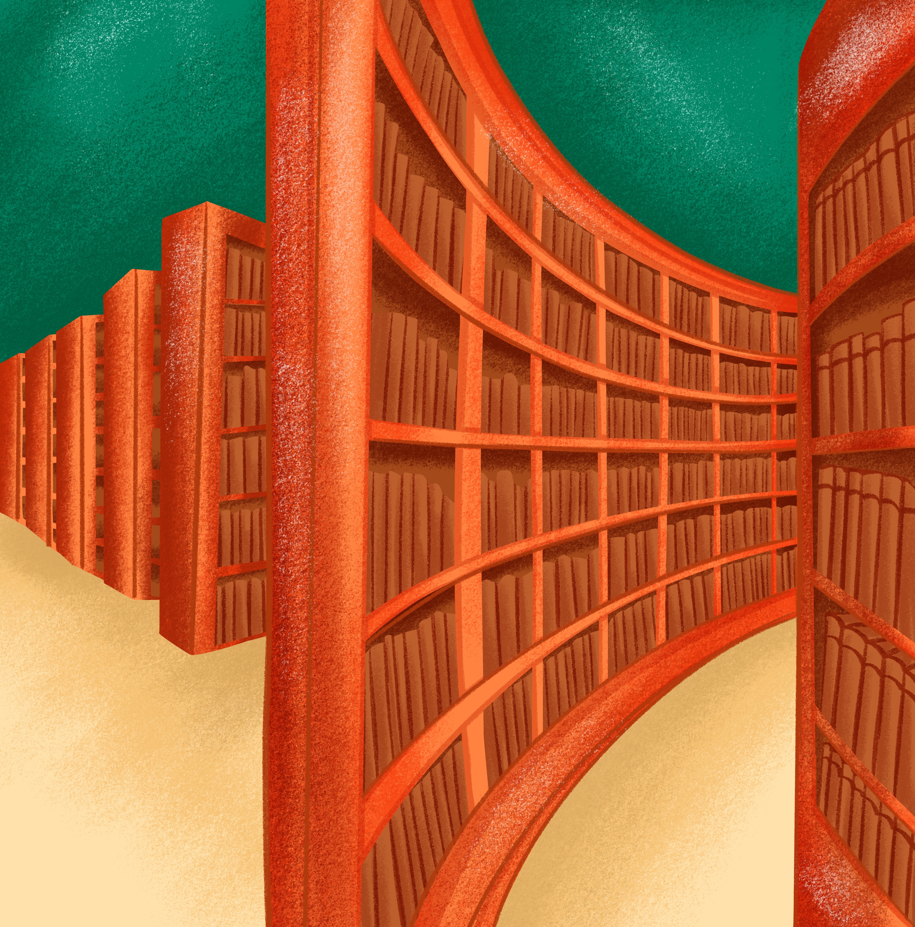 long curving bookshelf that seems endless