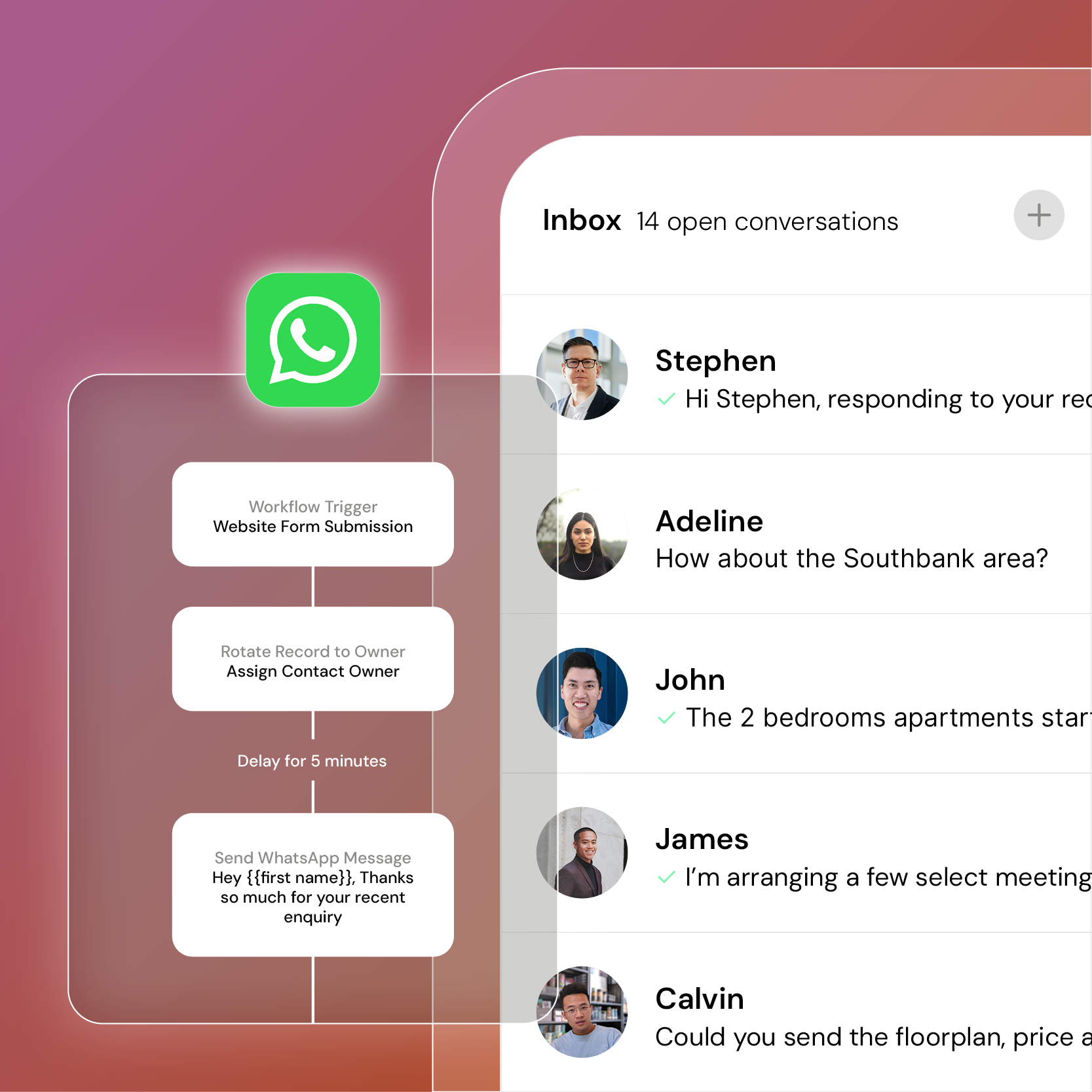 Workflow diagram for sending a WhatsApp message triggered by website form submission, alongside a chat inbox with conversations from Stephen, Adeline, John, James, and Calvin.