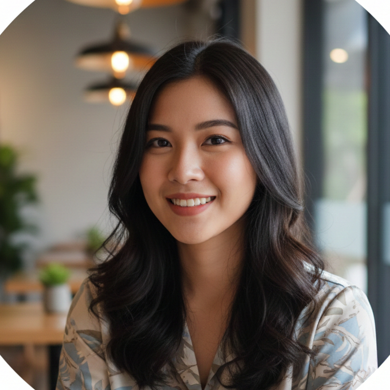 Young woman with long dark hair smiling indoors with blurred plants and lights in the background.