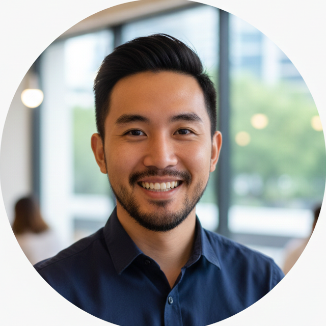 Smiling man with short black hair and a beard wearing a dark blue button-up shirt in an office with large windows.