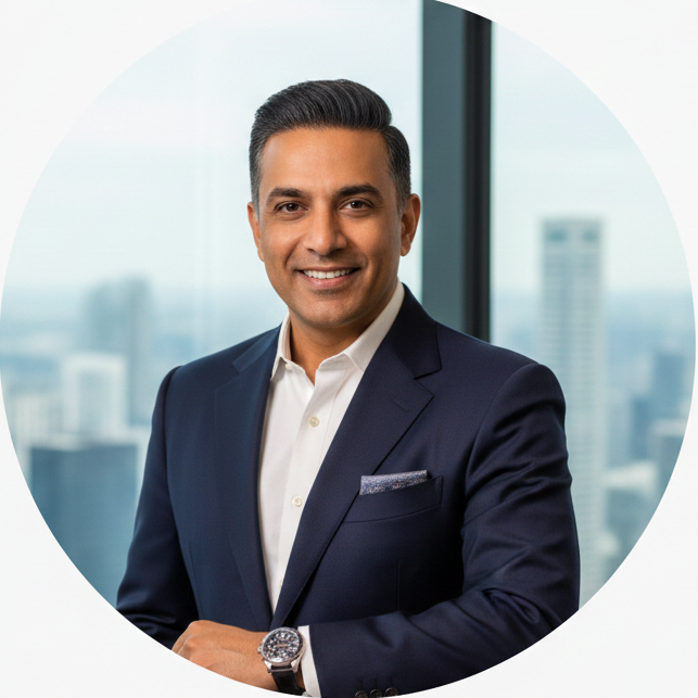 Smiling man in a dark suit and white shirt standing indoors with a cityscape in the background.