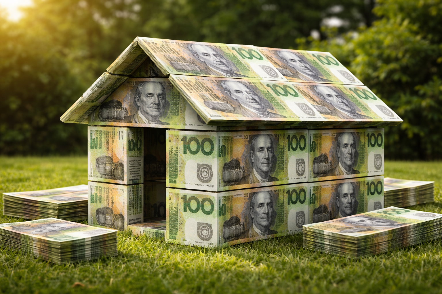 House made out of Australian bank notes on a green lawn