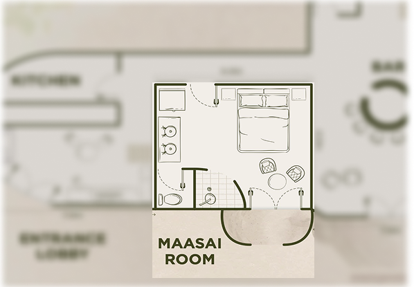 Floor plan of the Ground-floor Maasai Room with king bed.