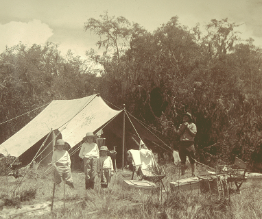 Black and white image of Cottar’s Safari vehicles and explorers during early 20th-century safaris in Kenya.