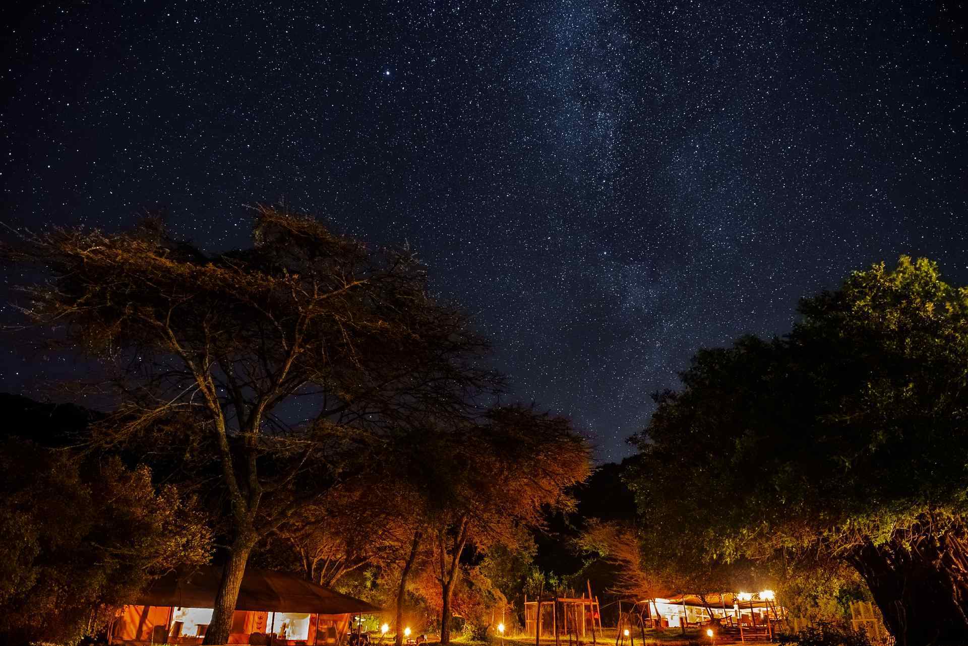 Guests observing the night sky with a Maasai guide.