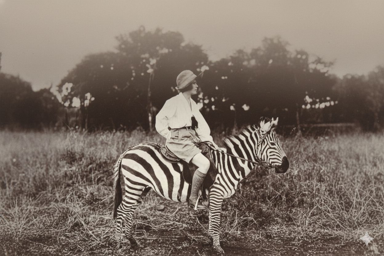 Historic image of safari guests and guides in traditional attire beside early touring vehicles in Kenya.