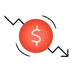 Revenue tracking icon with red circular background containing dollar sign, surrounded by curved arrows and zigzag trend lines