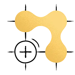 Yellow abstract shape with black geometric crosshair or targeting elements overlaid