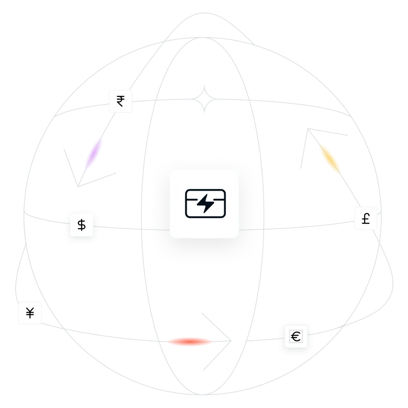 Multi-currency payment processing illustration with lightning bolt credit card icon surrounded by currency symbols including dollar, euro, pound, yen, rupee, and geometric orbital paths