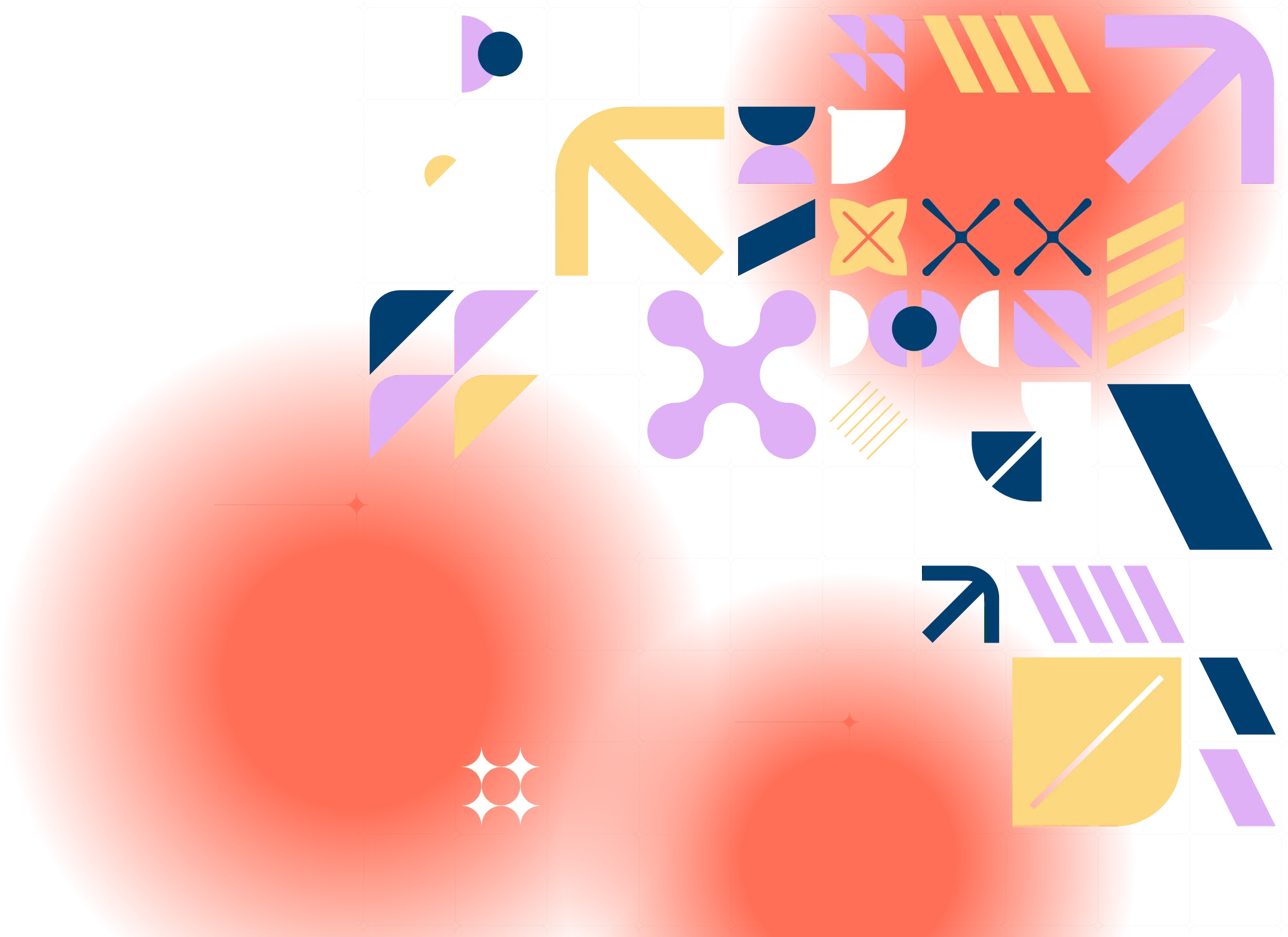 Vibrant abstract composition with geometric shapes including crosses, arrows, circles, and angular elements on gradient background with orange and pink tones
