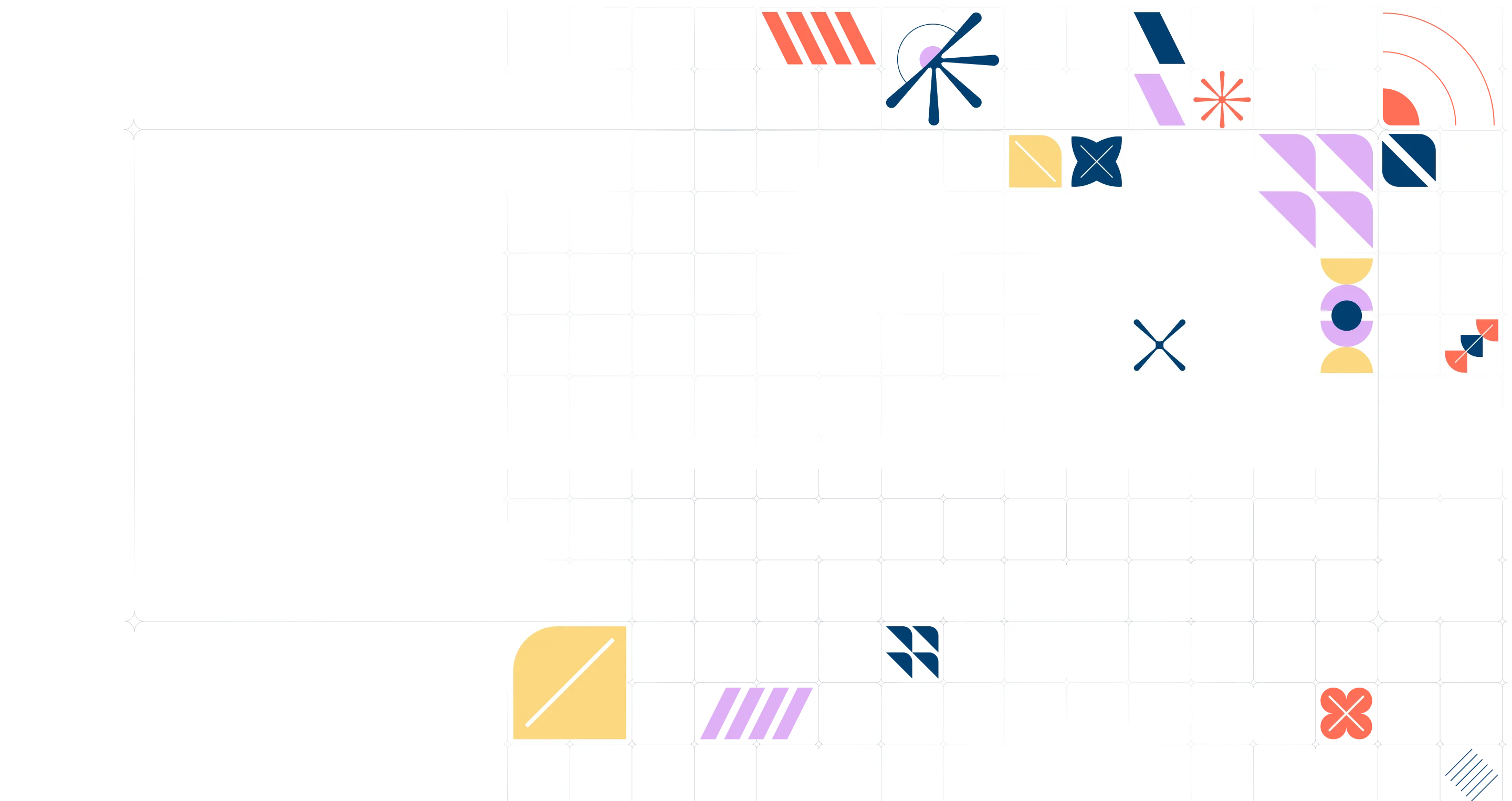 Abstract geometric pattern with colorful shapes including stripes, stars, crosses, arrows, and various angular elements scattered across a light background
