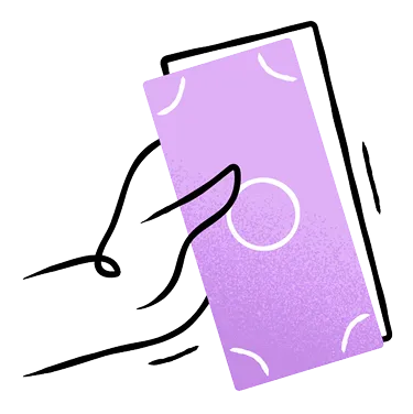 Hand holding purple mobile phone with circular interface elements on screen