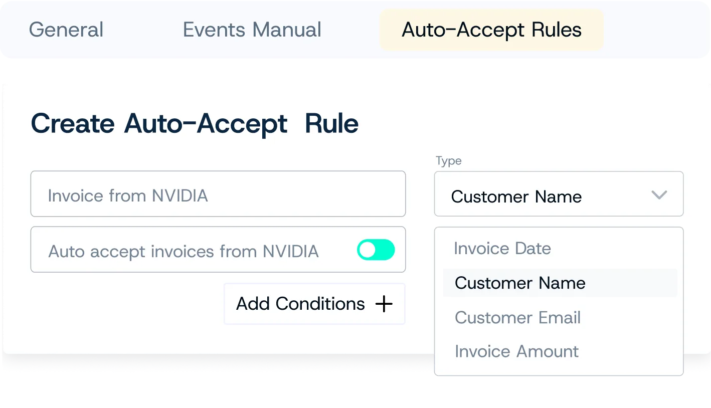 Auto-accept rule creation form for NVIDIA invoices with toggle switch enabled and dropdown menu for customer name selection