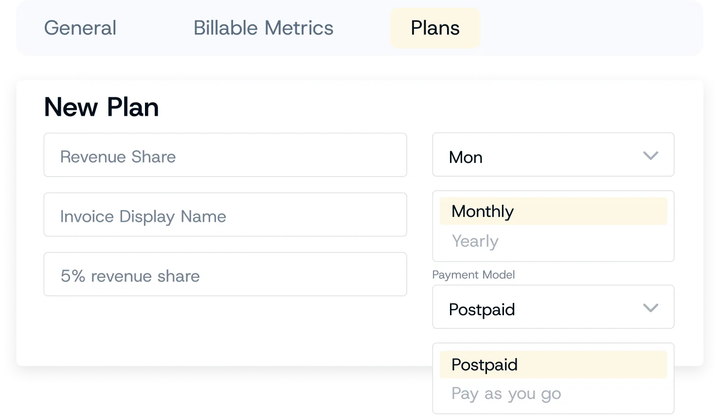 New plan creation form with revenue share settings, billing frequency options, and payment model selection