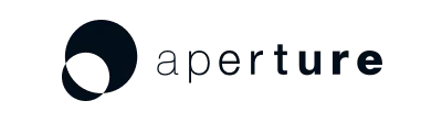 Aperture company logo featuring a circular icon with a curved cutout design in dark blue, followed by the word 'aperture' in lowercase letters