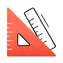 Illustration of measuring and design tools including a triangular ruler and straight ruler in coral red and white