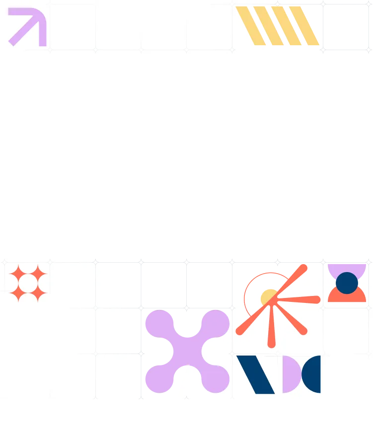 Set of colorful abstract icons including purple arrow, yellow diagonal stripes, coral sparkles, purple cross shape, coral asterisk with circle, user profile icon, and blue semicircle shapes