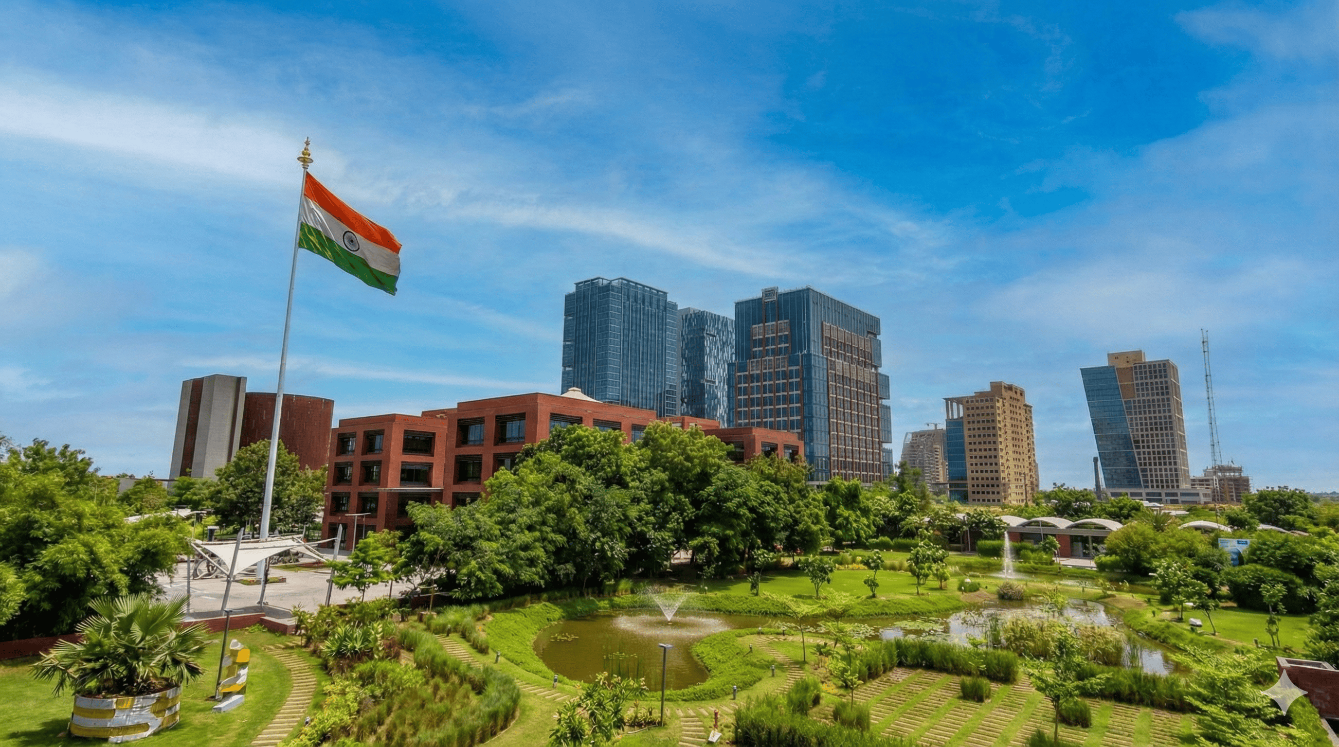 Urban park with green trees, a pond with a fountain, and modern office buildings under a blue sky, featuring a tall flagpole with the Indian flag.