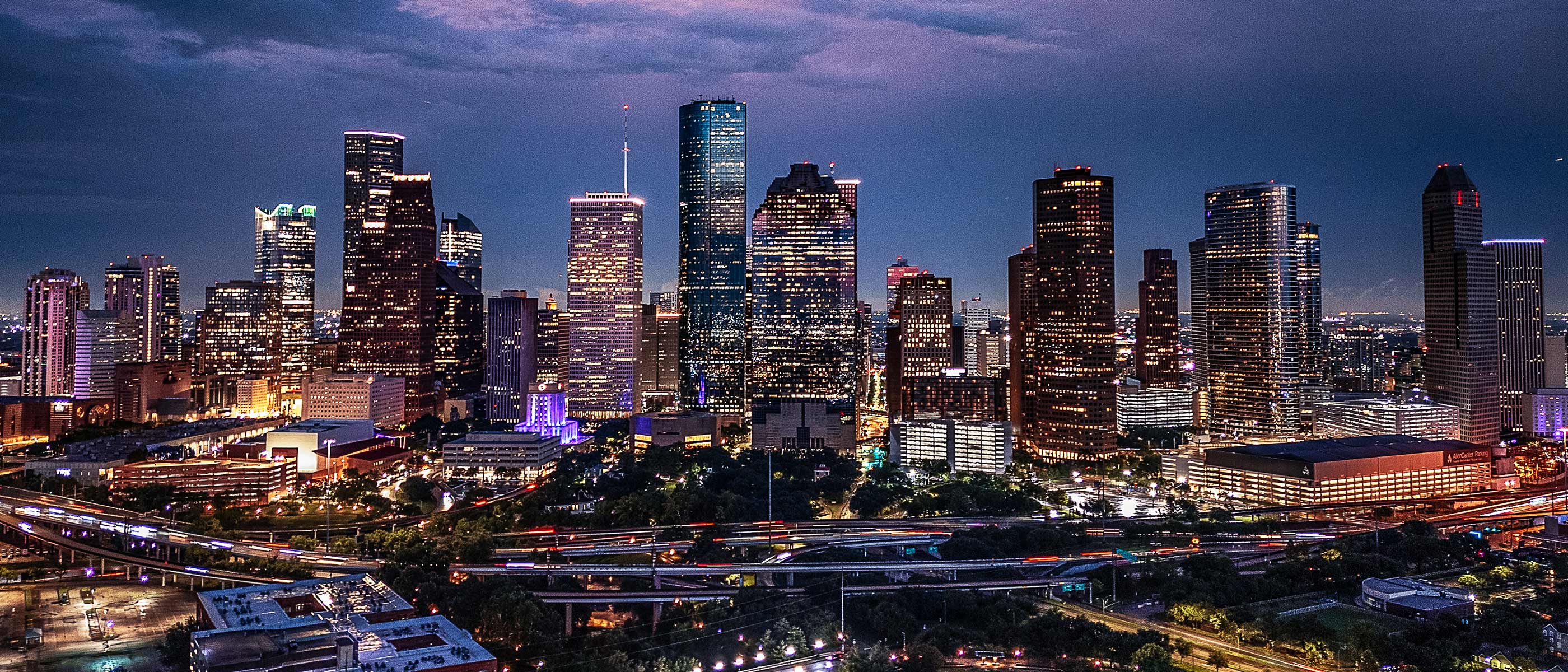 Houston downtown skyline under a wide Texas sky