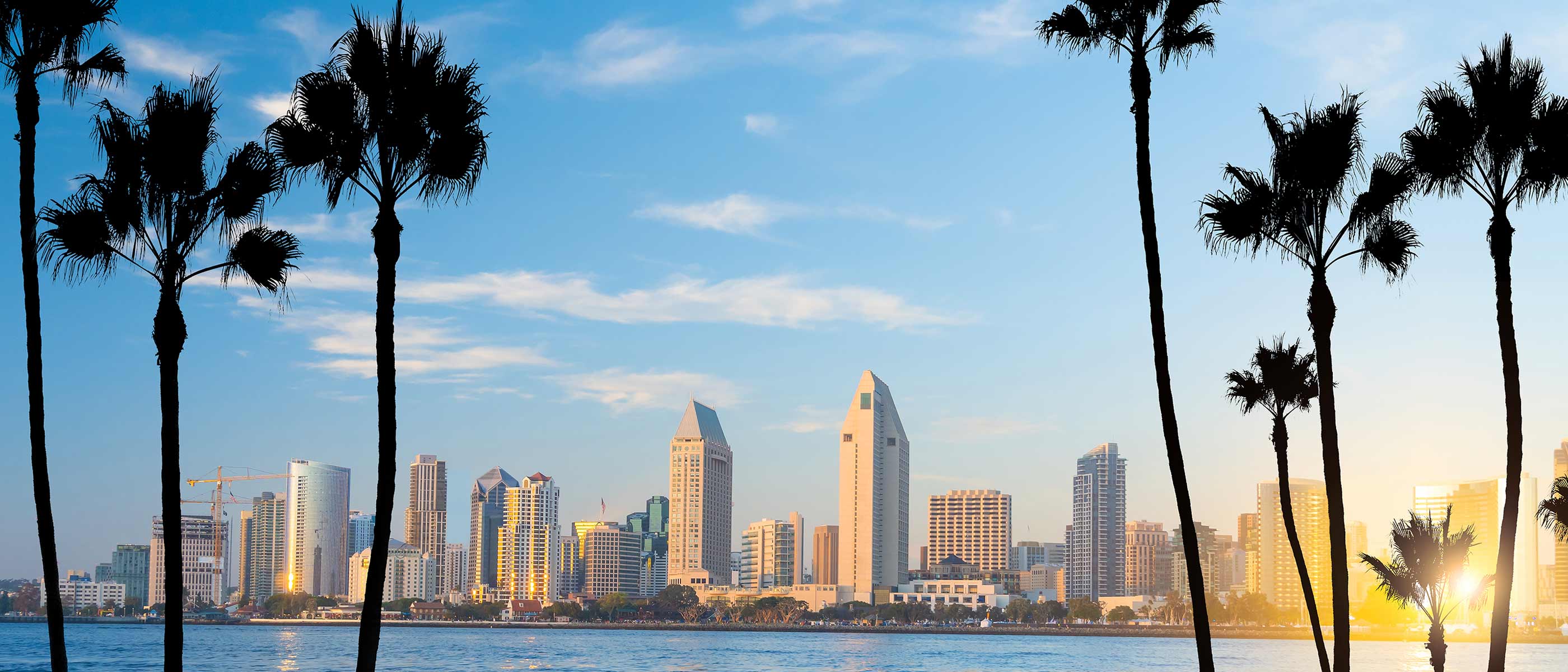San Diego skyline over the bay at sunset