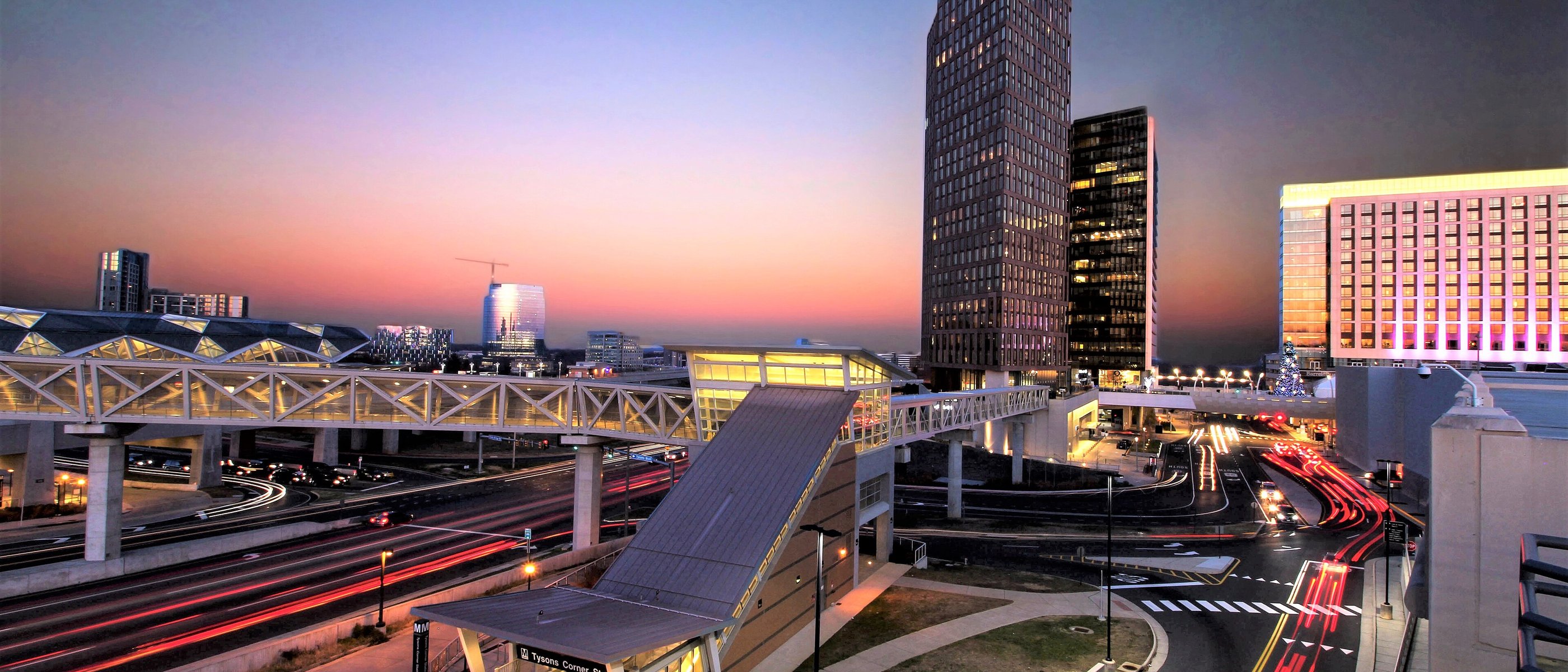 Tysons Corner station and towers at sunset in McLean, Virginia