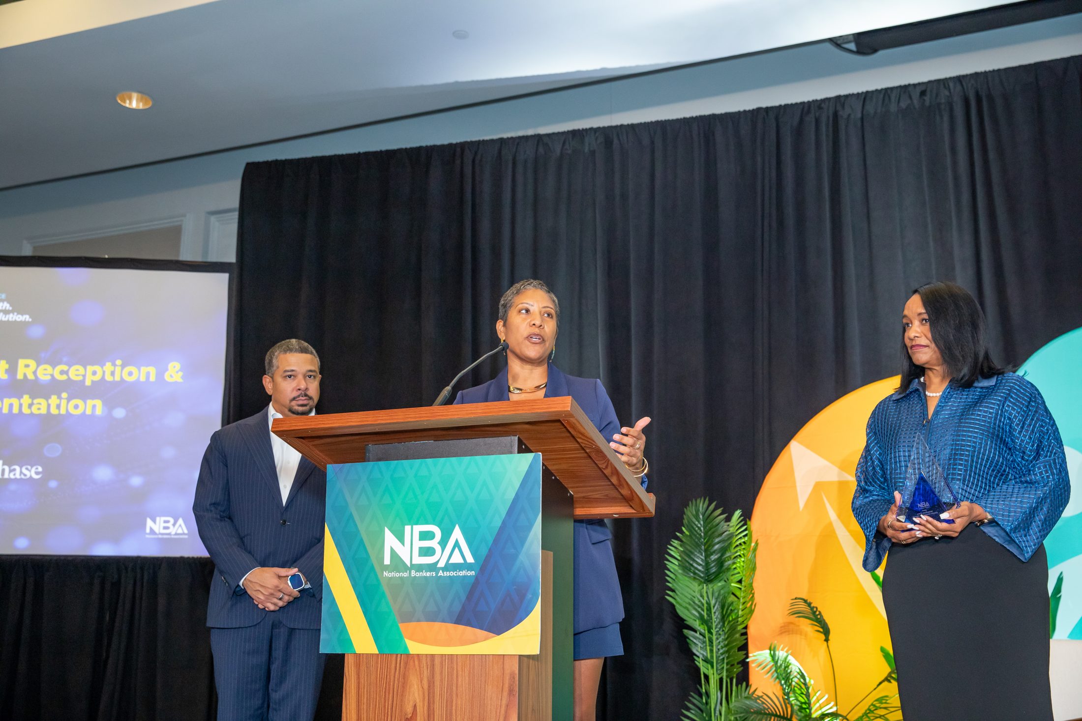 Speaker presenting at the NBA podium during the NBA 100-Year Centennial conference in Washington, DC, produced by Simple Multimedia