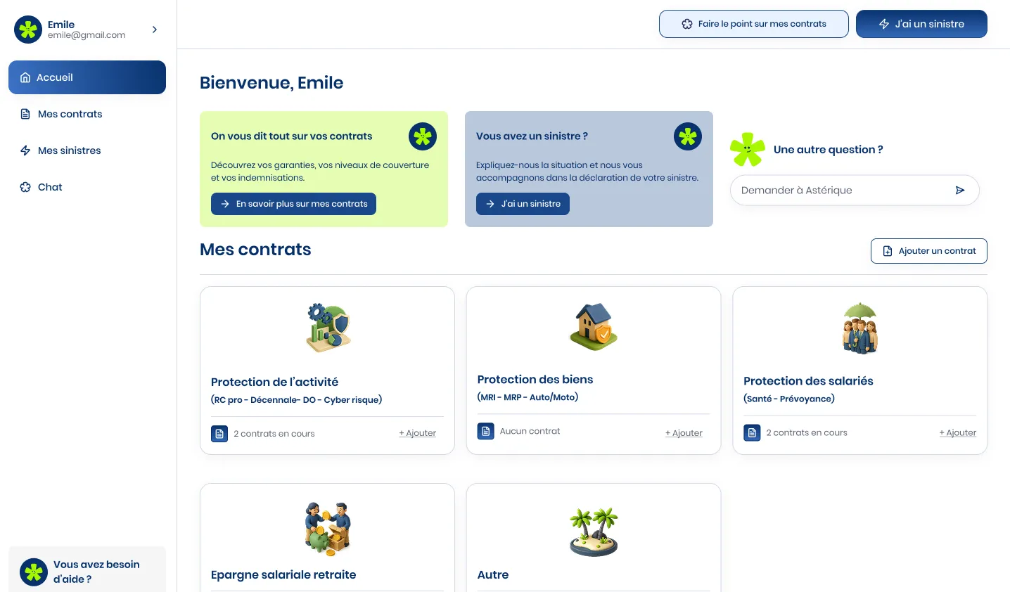 Tableau de bord Astérisque regroupant les contrats d'assurance d'un professionnel