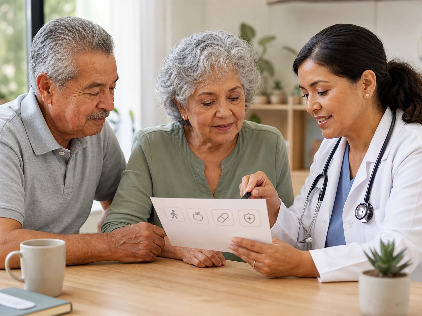 Pareja de adultos mayores revisando sus objetivos de salud con su médico