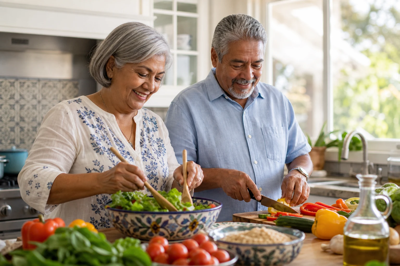 Pareja de adultos mayores preparando una comida saludable juntos