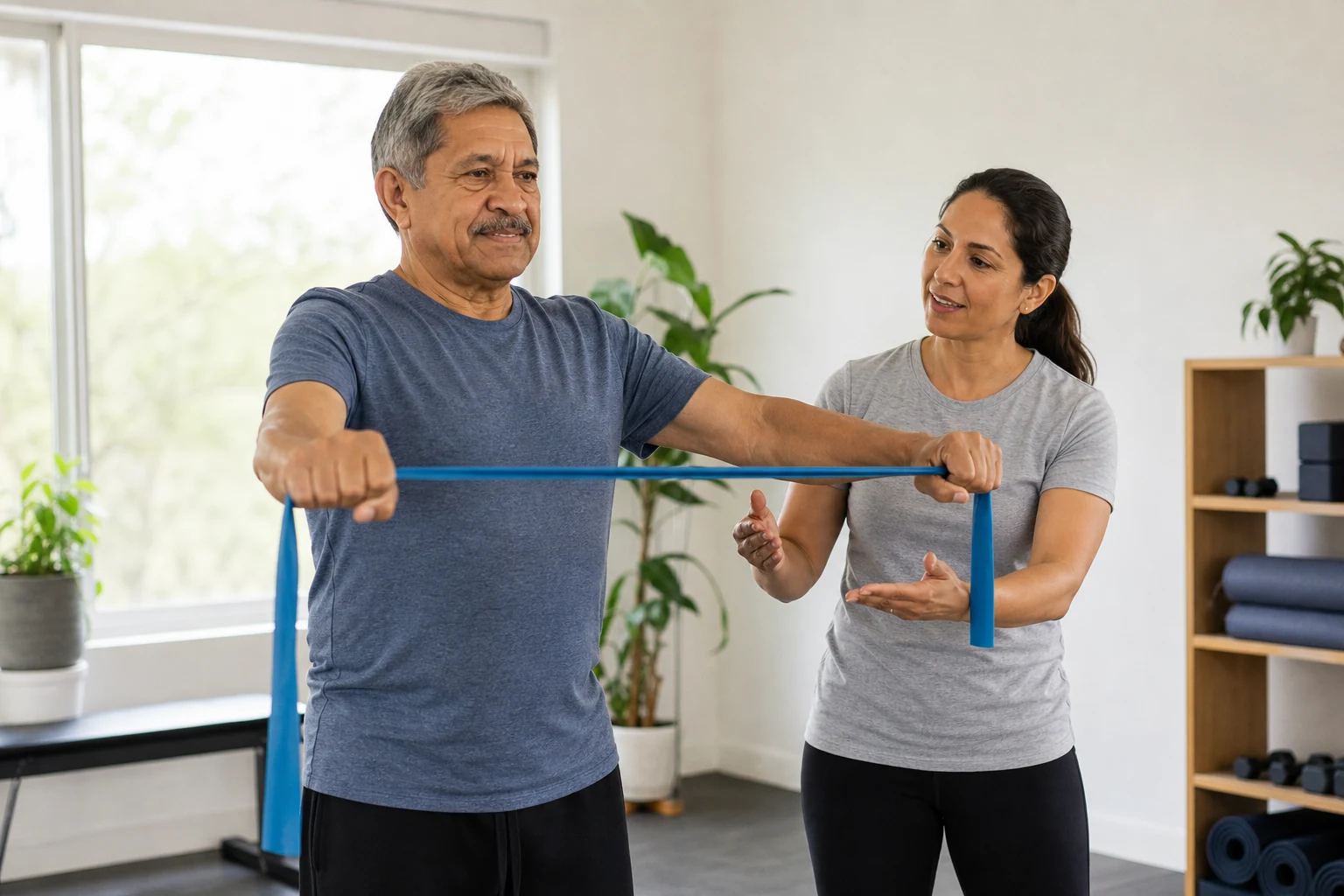 Adulto mayor haciendo ejercicio con la guía de un profesional de la salud