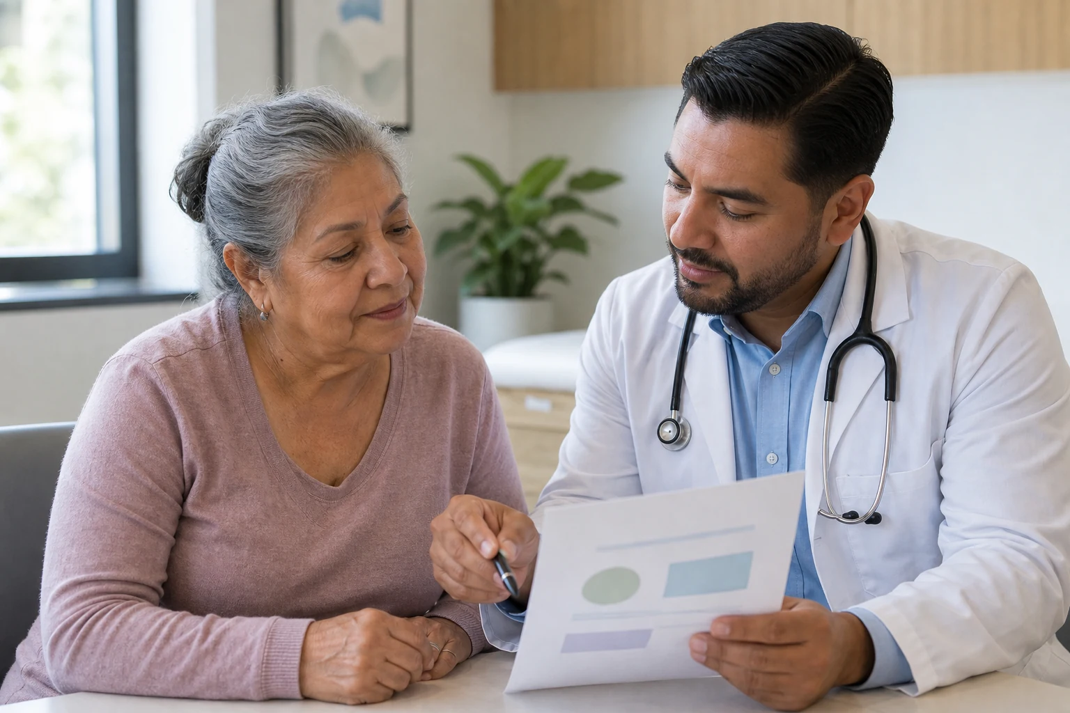 Older patient reviewing a care plan with her physician