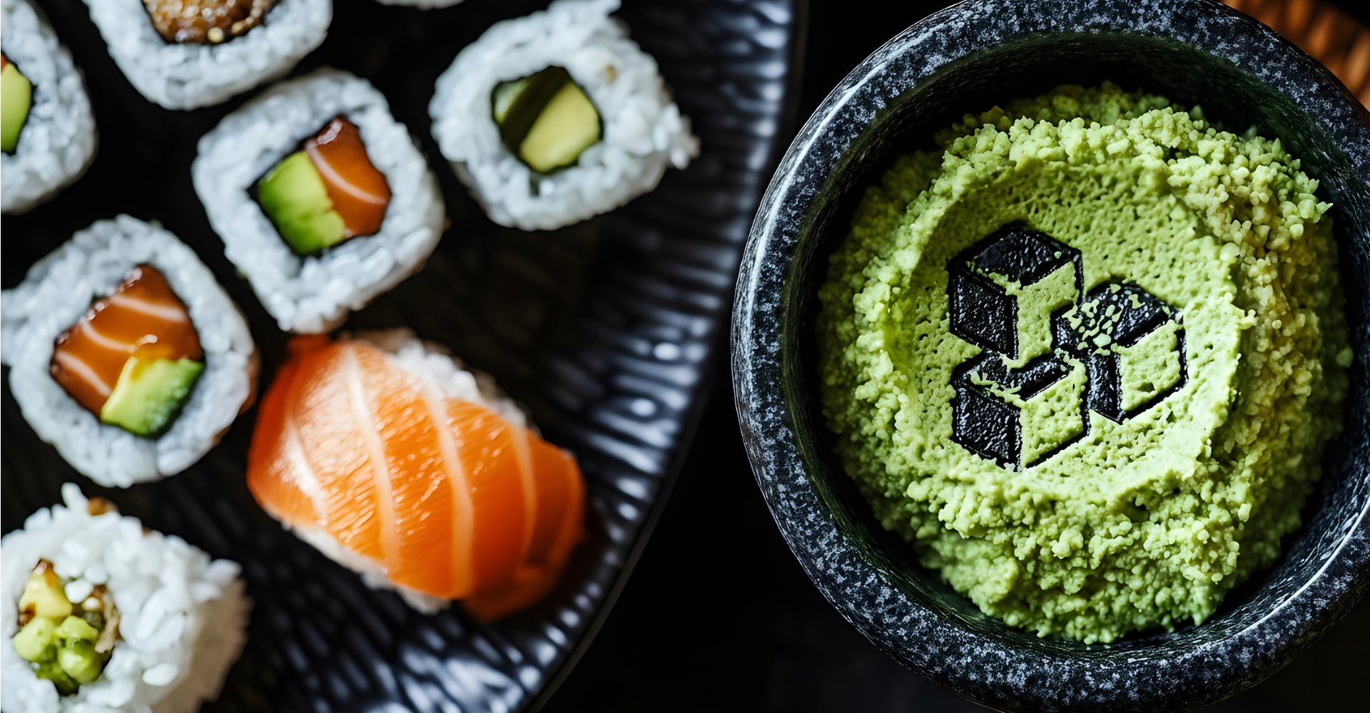 Image of a sushi plate with the Impossible cloud logo integrated in the wasabi paste