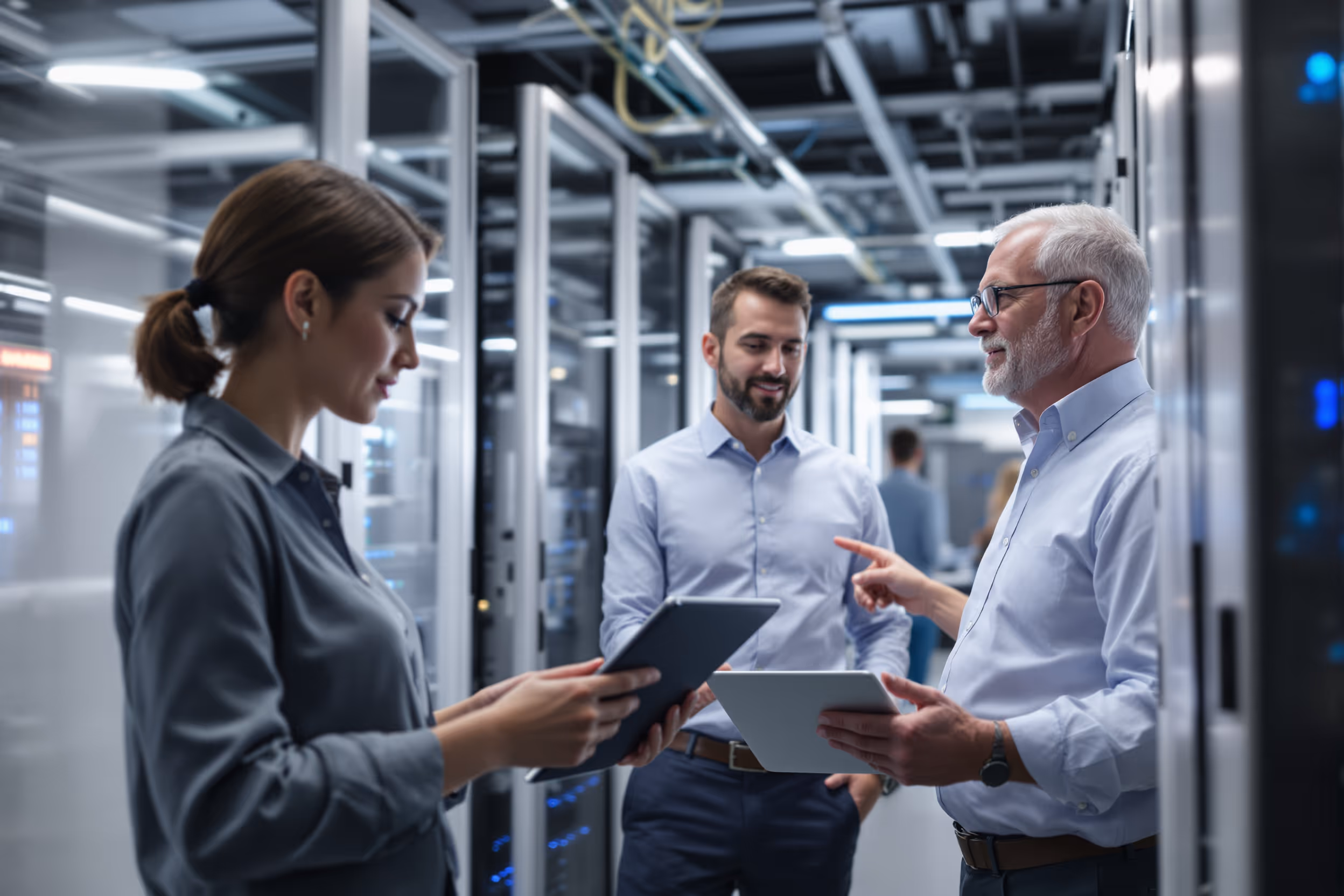 IT professionals managing cloud data object storage in a secure European data center.