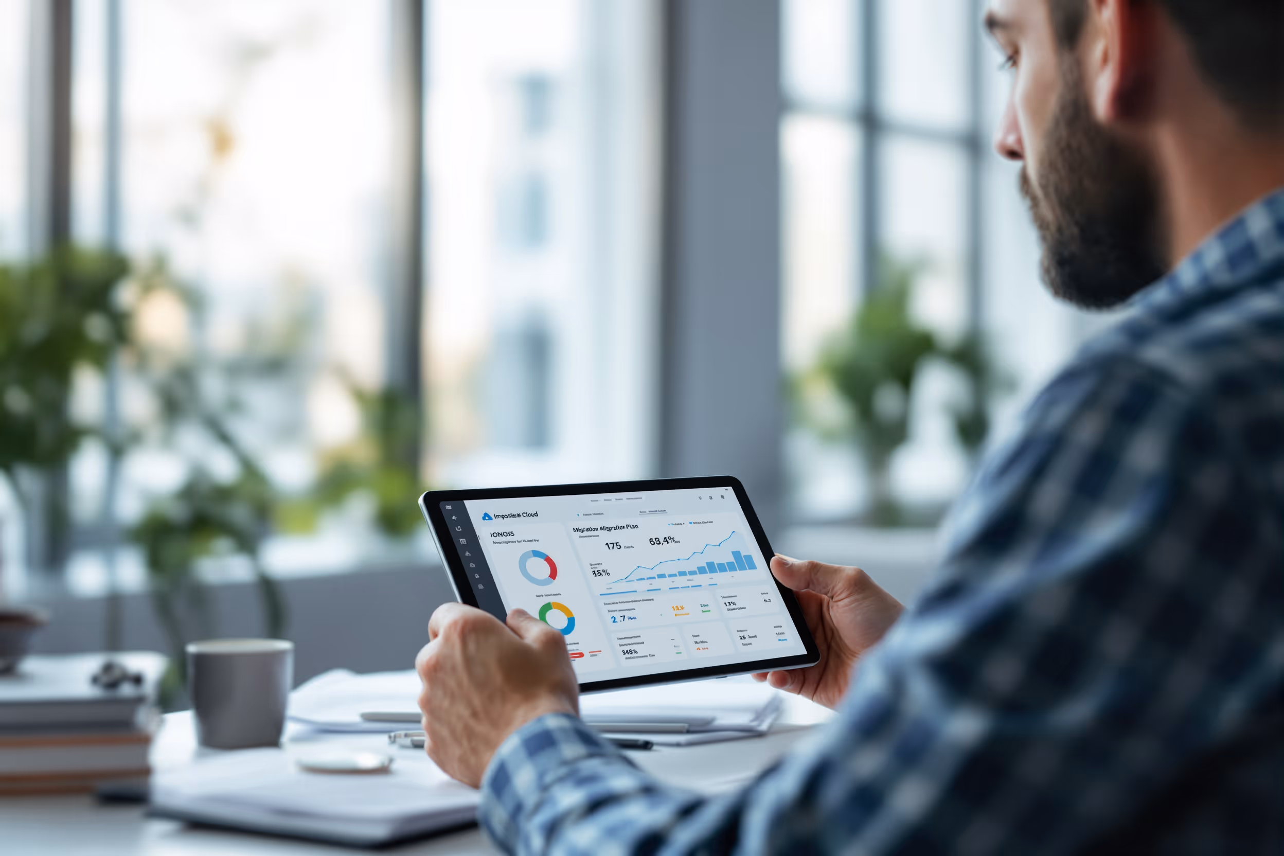 IT professional reviewing IONOS migration plan on a tablet in a modern office.