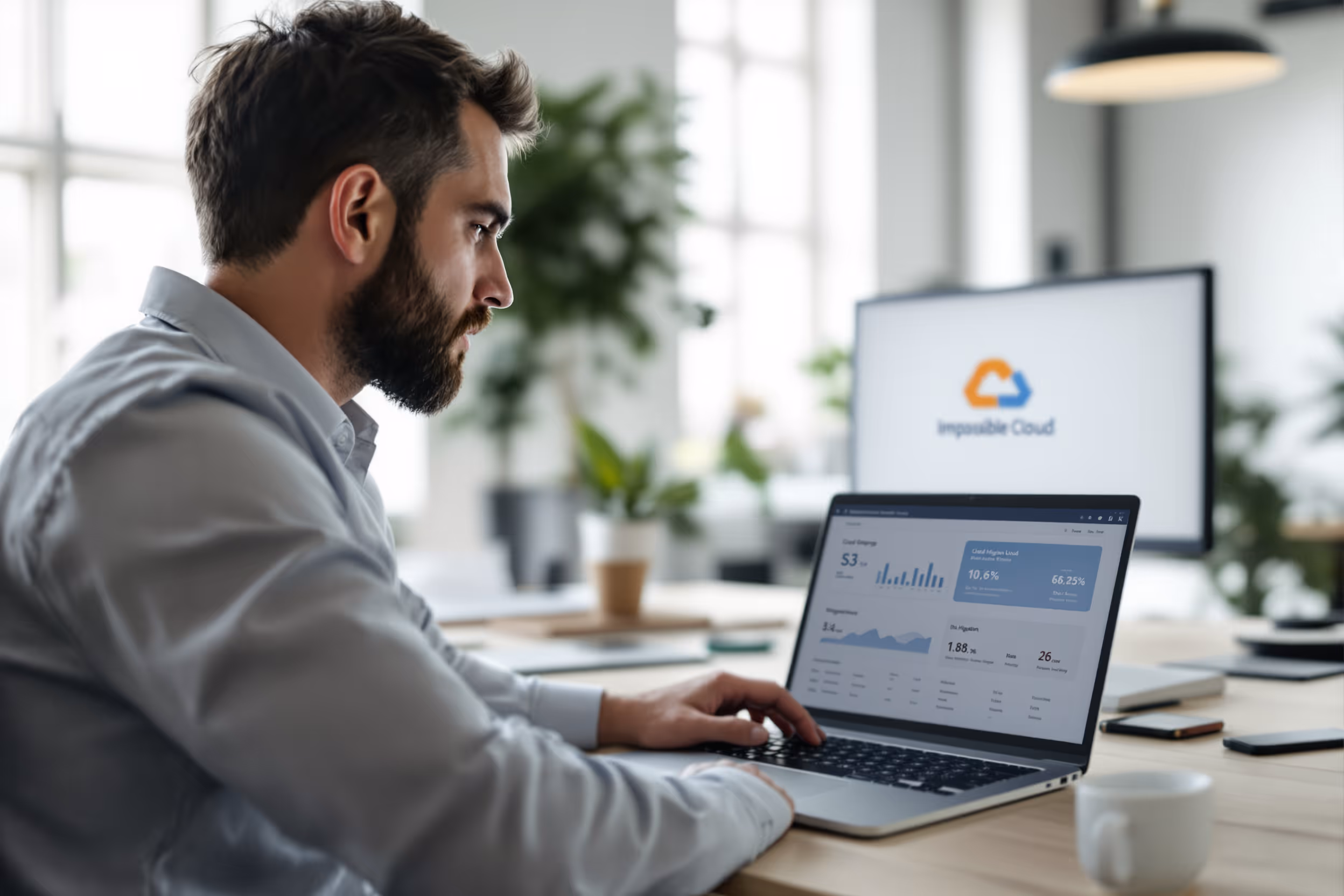 European IT professional reviews cloud migration strategy for EU S3 storage in a modern office setting.