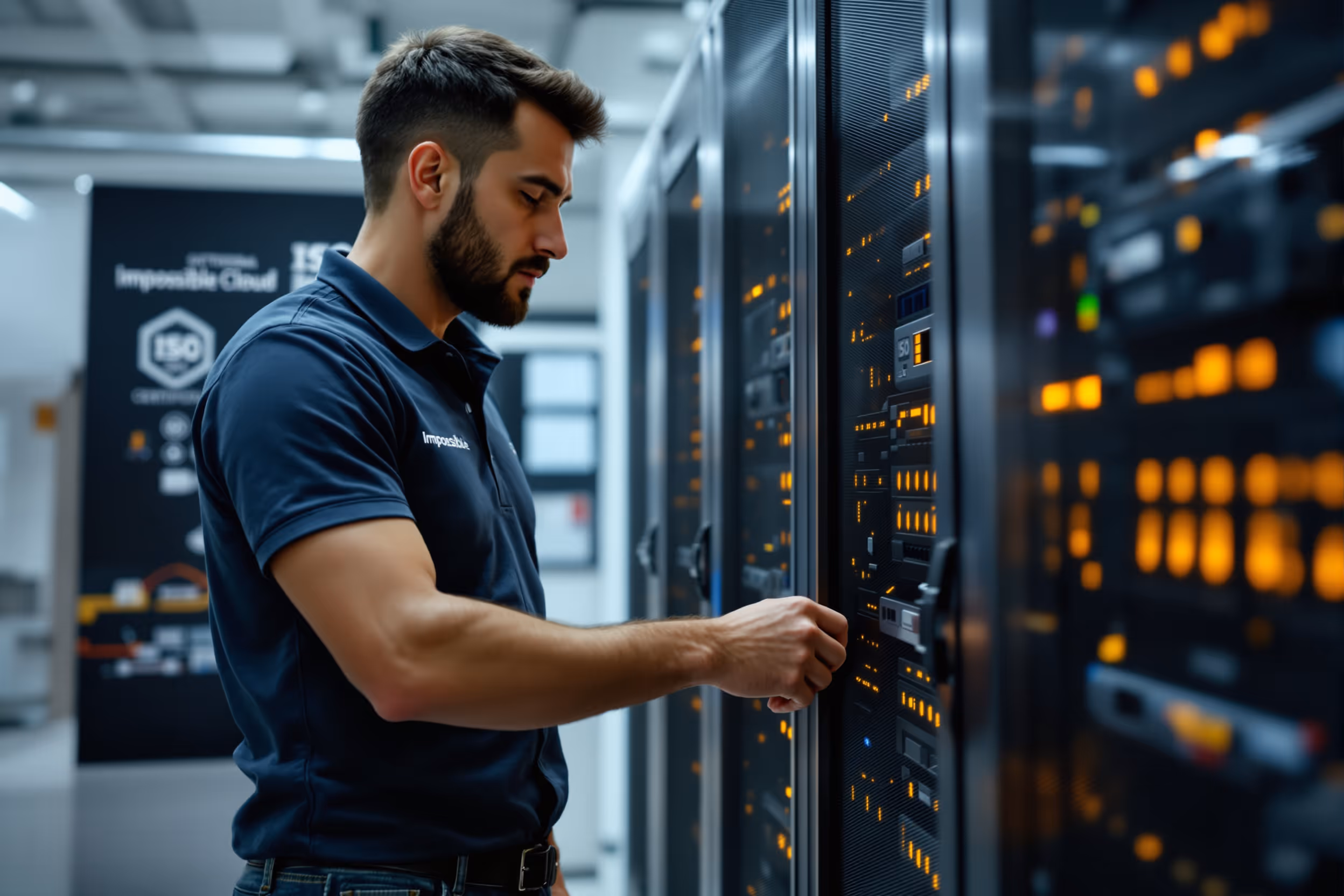 IT professional inspecting server rack in a European, GDPR-compliant data center.